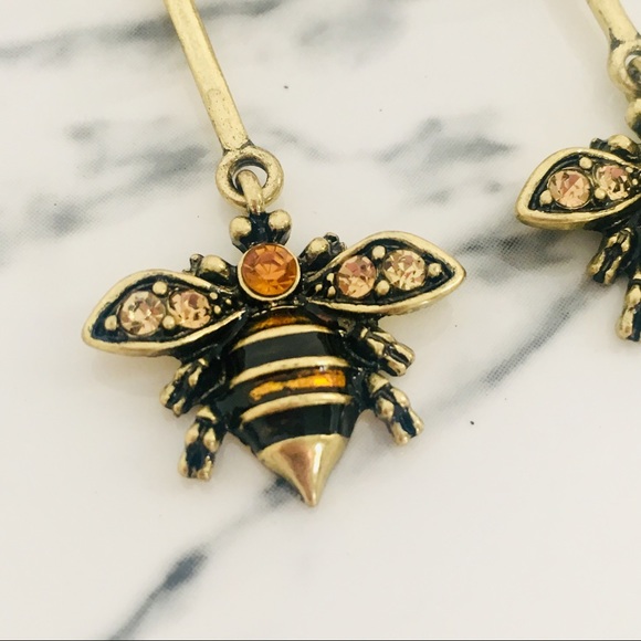 Enamel Bee Crystal Wings Dangle Earrings NWT - Picture 6 of 8
